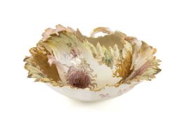 STYLISH VICTORIAN POTTERY WASH JUG & BASIN, leaf form, decorated in coloured enamels and raised