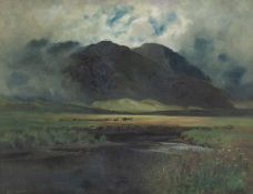 WILL GRIFFITH, oil on canvas - Misty mountainous landscape with figure and cart, possibly Snowdonia,