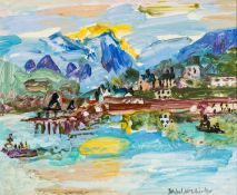 ISHBEL MCWHIRTER R.C.A. (b. 1927), oil on board - Blue Across the Strait, signed, 24 x 29.5cms