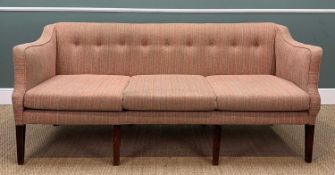 19TH C. MAHOGANY SETTEE, button back and three loose cushions, 86 (h) x 190 (w) x 76cms (d)