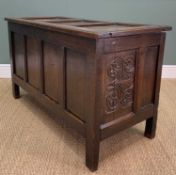 18TH C. JOINED OAK COFFER, with punched heart-and-crescent decoration to front muntins, 77 (h) x 131