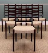 SET OF SIX MID-CENTURY SVEGARDS OF MARKARYD LADDERBACK DINING CHAIRS, stained teak, original oatmeal
