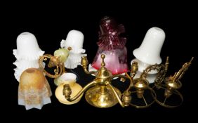 ASSORTED BRASS LIGHTING, including pair foliate scroll wall brackets (missing wall fitting), 4-