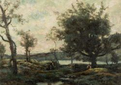 BELCHER (19TH C.) oil in canvas - River landscape with figures, signed, 22 x 30cms