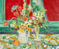 NATALIE GILTSOFF (b.1941), watercolour - 'Flowers and Jug', still life titled verso, signed, 58 x