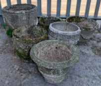 SELECTION OF COMPOSITE CONCRETE GARDEN PLANTERS comprising, six round planters, largest 49 (h) x
