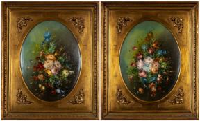 20TH CENTURY ITALIAN SCHOOL oil on board - still life of flowers, and a companion, oval 39 x