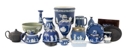 ASSORTED WEDGWOOD JASPER & BASALT POTTERY, 19th-20th C, including, 2 teapots, cache pot, salad bowl,