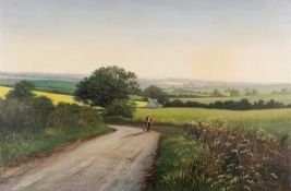 ‡ GRAHAM PETLEY (b. 1944) oil on canvas - 'Evening', cyclist on a country path, titled verso,