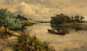 F. MILES oil on canvas - entitled 'Culham on Thames', figures in a rowing boat, singed, 29 x 49cms