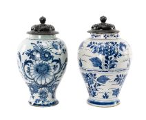 TWO 18TH C. DELFT VASES, one probably English and painted with berries and leaves, the other Dutch