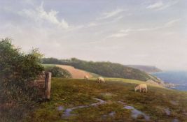 ‡ GRAHAM PETLEY (b. 1944) oil on canvas - 'Dodman Point, Veryan Bay, Cornwall', sheep grazing,