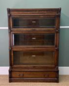 EARLY 20TH C. STAINED OAK THREE-TIER GLOBE WERNICKE BOOKCASE, 130 (h) x 90 (w) x 38cms (d)