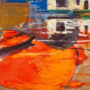 ‡ TOM NASH (1931-2013) acrylic on card - entitled verso, 'Marais Poitevin, Orange Down' on Attic