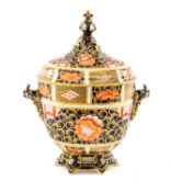 RARE ROYAL CROWN DERBY BONE CHINA URN & COVER, Imari pattern, oval section, twin-handled on raised