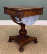 19TH C. MAHOGANY WORK TABLE, fitted frieze drawer, pleated bag, turned column, concave platform