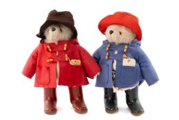 TWO GABRIELLE DESIGNS ORIGINAL PADDINGTON BEARS, c. 1970's, one in red coat with luggage label,