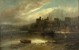 EMIL AXEL KRAUSE (1871-1945) oil on board - Conwy Castle with figures and fishing boats to