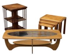 REPRODUCTION REVOLVING BOOKCASE, high veneer with inlaid top, 80 (h) x 49 (w) x 49cms (d); modern