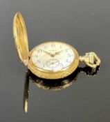 ELGIN 14CT GOLD CASED FULL HUNTER FOB WATCH, keyless, signed white enamel dial with Arabic