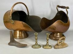VARIOUS DOMESTIC METALWARE, comprising two Victorian copper helmet-shaped coal scuttles, pair of