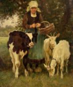 JULIUS PAUL JUNGHANNS (1876-1958) oil on board - lady in bonnet feeding goats and calf, signed, 66 x