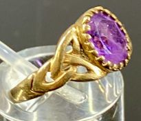 9CT GOLD AMETHYST SINGLE-STONE RING with openwork shoulders, size J, 2.5g Provenance: private