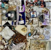 LARGE ASSORTMENT OF COSTUME JEWELLERY, including bead necklaces, brooches, bracelets, rings, and