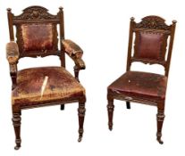 OAK HALL CHAIR & MATCHING SINGLE CHAIR, late 19th century, carved top rails, original red hide
