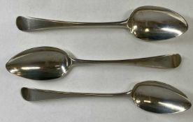 THREE GEORGE III SILVER TABLESPOONS, London 1796, makers obscure, 21.5cms (l), 6ozt Provenance:
