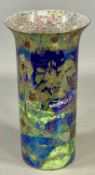 WILTON WARE FAIRY LUSTRE TYPE VASE, of cylindrical form, flowered rim, gilded pagoda, lake, and
