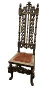 WILLIAM & MARY STYLE OAK HALL CHAIR, high back carved with scrolls, turned columns capped with acorn