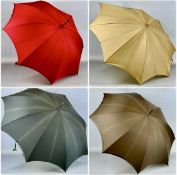 FOUR VINTAGE LADIES' PARASOLS, two with shaped bamboo handles, one with oriental white metal handle,