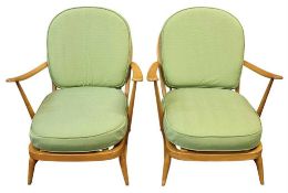 PAIR OF ERCOL WINDSOR 203 MID-CENTURY ARMCHAIRS, with stick backs, outswept arms, 76cms (h)