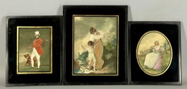 THREE REGENCY SILK EMBROIDERED PICTURES, mother and child, 25.5 x 19cms, golfer with caddy, 19.5 x