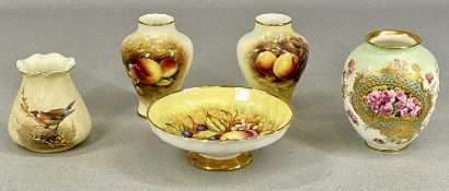 GROUP OF ENGLISH PORCELAIN, including pair of Royal Worcester vases, decorated with fruit, signed D.
