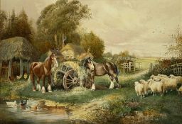 C. J. KEATS watercolour - farmyard with thatched cottage, shire horses, sheep, and ducks, signed, 34