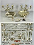 ASSORTED SILVER-PLATED ITEMS, including a pair of twin-branch candelabra, two dishes, marrow