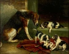 AFTER THOMAS BLINKS (1853 - 1912) gilt framed oil on panel - dog with her pups, bears signature,