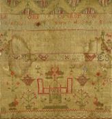 19TH CENTURY NEEDLEWORK SAMPLER by Elizabeth Booth, aged 7, with various initials, alphabet,