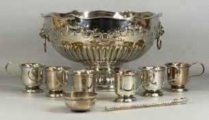 FINE SILVER PLATE PEDESTAL PUNCH BOWL, lion mask handles, 20 (h) x 32cms (diam.) along with a set of