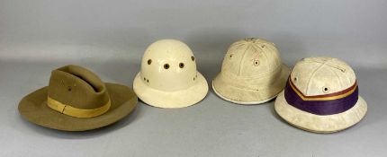 THREE VINTAGE POLO HELMETS, one with Moss Bros. label, and a vintage Elliott & Co. felt bush hat