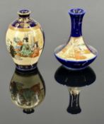 TWO MINIATURE SATSUMA VASES, late 19th century, blue and cream baluster form, panels decorated