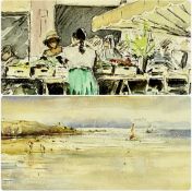 ‡ TWO 20TH CENTURY WATERCOLOURS: KATE PHILP watercolour - coastal view with figures on beach and