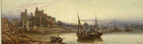 STUART LLOYD (1845-1929) watercolour - Conwy Castle with fishing boats and figures to foreground,