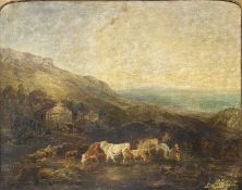 19TH CENTURY BRITISH SCHOOL large oil on canvas - cattle watering with figures, building, and