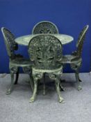 CAST ALUMINIUM GARDEN FURNITURE SET, circular table, painted green, 80cms (diam.), and four chairs