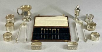 ASSORTED SILVER COLLECTABLES, including Christening mug, baluster salt, two pairs of sugar tongs,