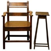 VINTAGE OAK FARMHOUSE ELBOW CHAIR, and a square top planter stand Provenance: private collection
