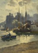 WARREN WILLIAMS (Welsh 1863-1918) watercolour - Conwy Castle with moored boats, signed, 38 x 28cms